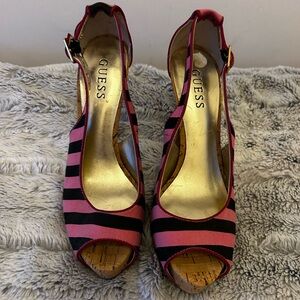 GUESS Pink and Black Striped Heels